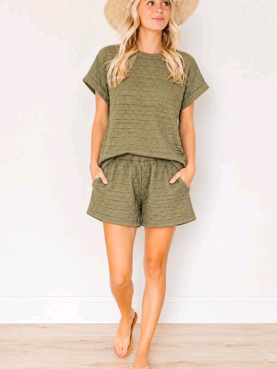 See And Be Seen Tops - See and Be Seen Olive Quilted 2 Piece Lounge Set Top & Shorts